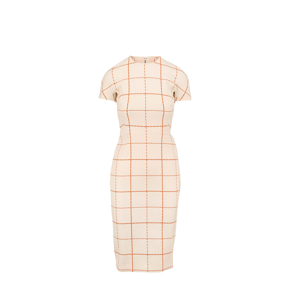 Victoria Beckham - Cream & Mustard Wool Check Short Sleeve Dress ...