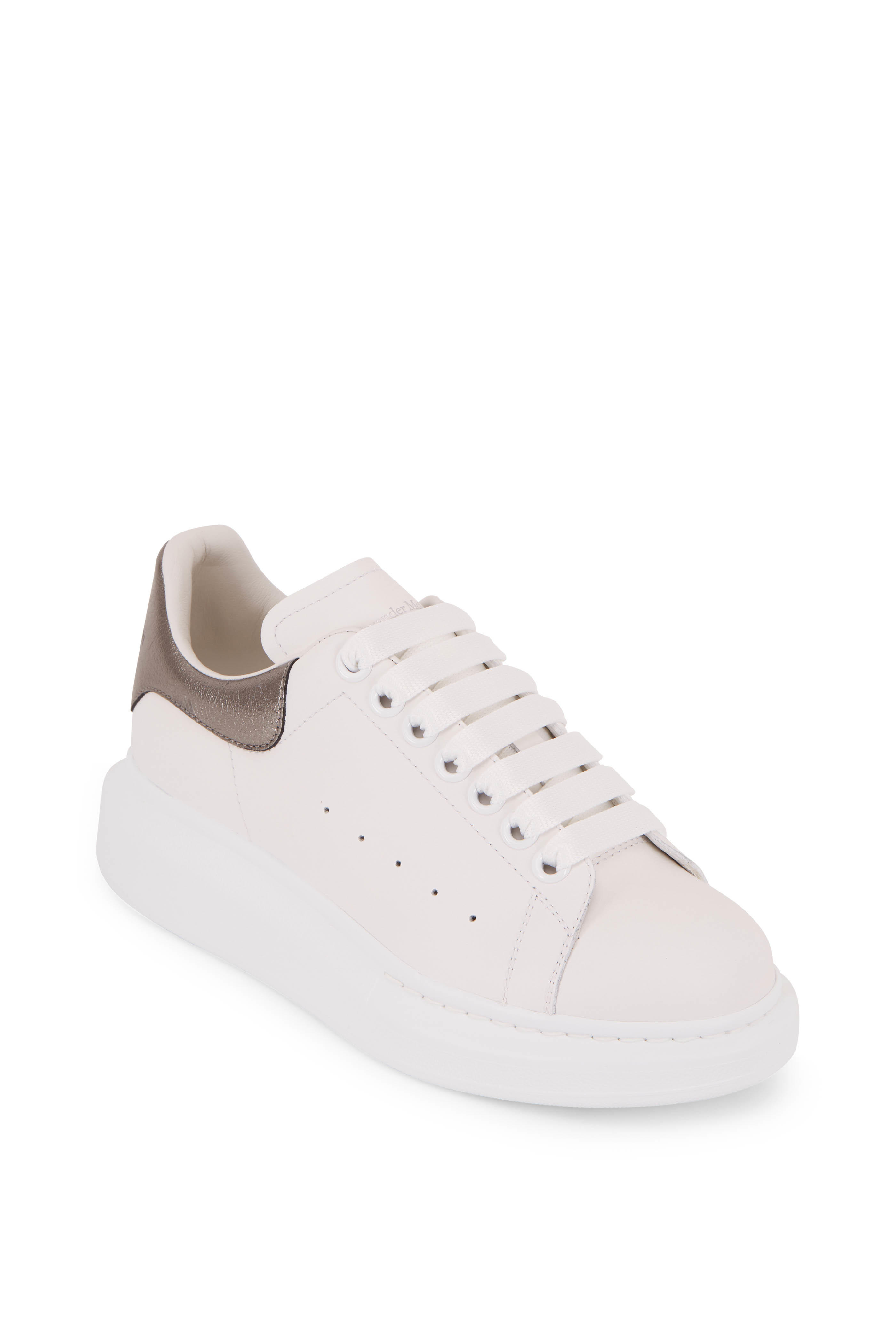 gunmetal shoes for women on Alexander Mcqueen White Gunmetal Leather Exaggerated Sole Sneaker Mitchell Stores