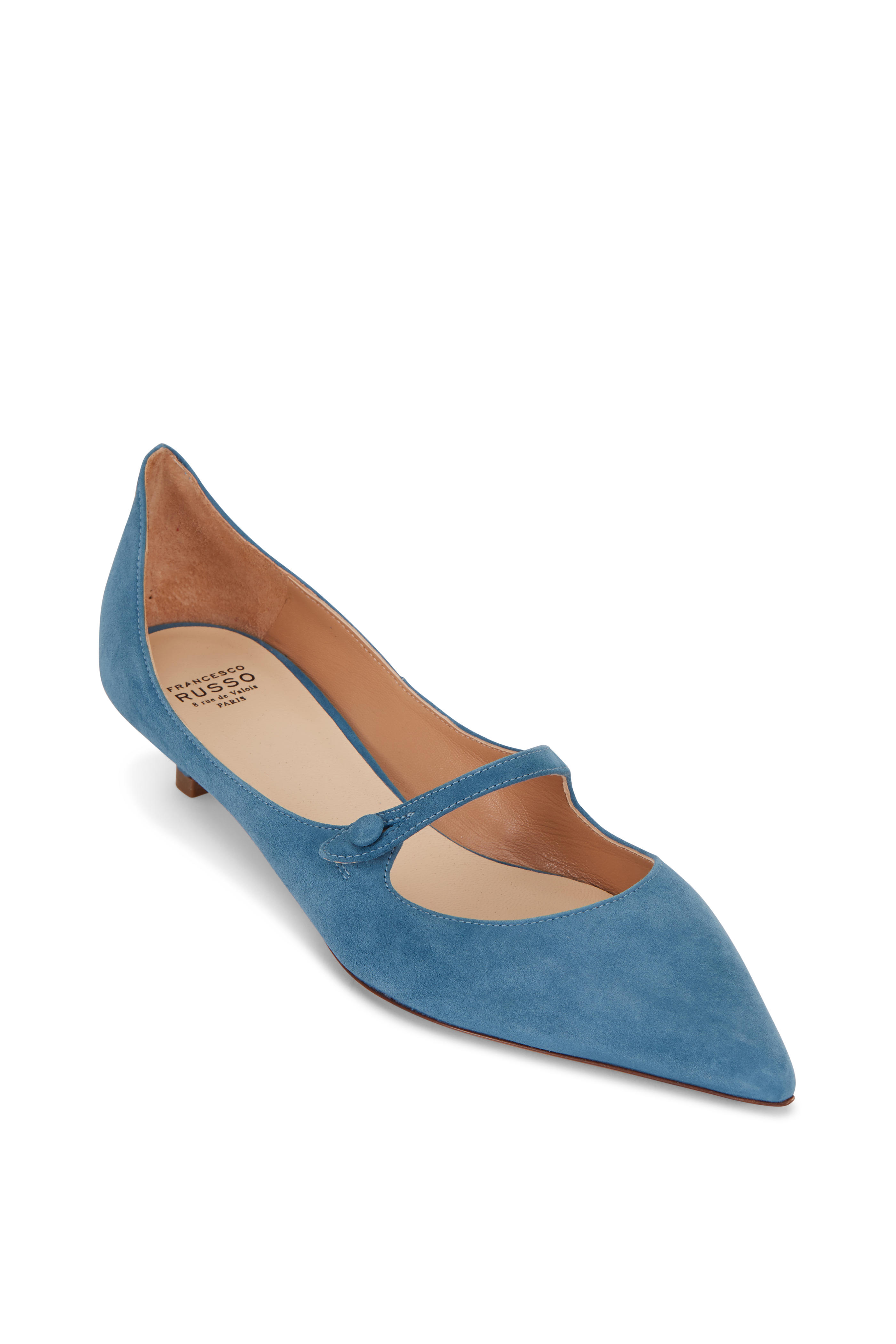 blue suede kitten heel shoes