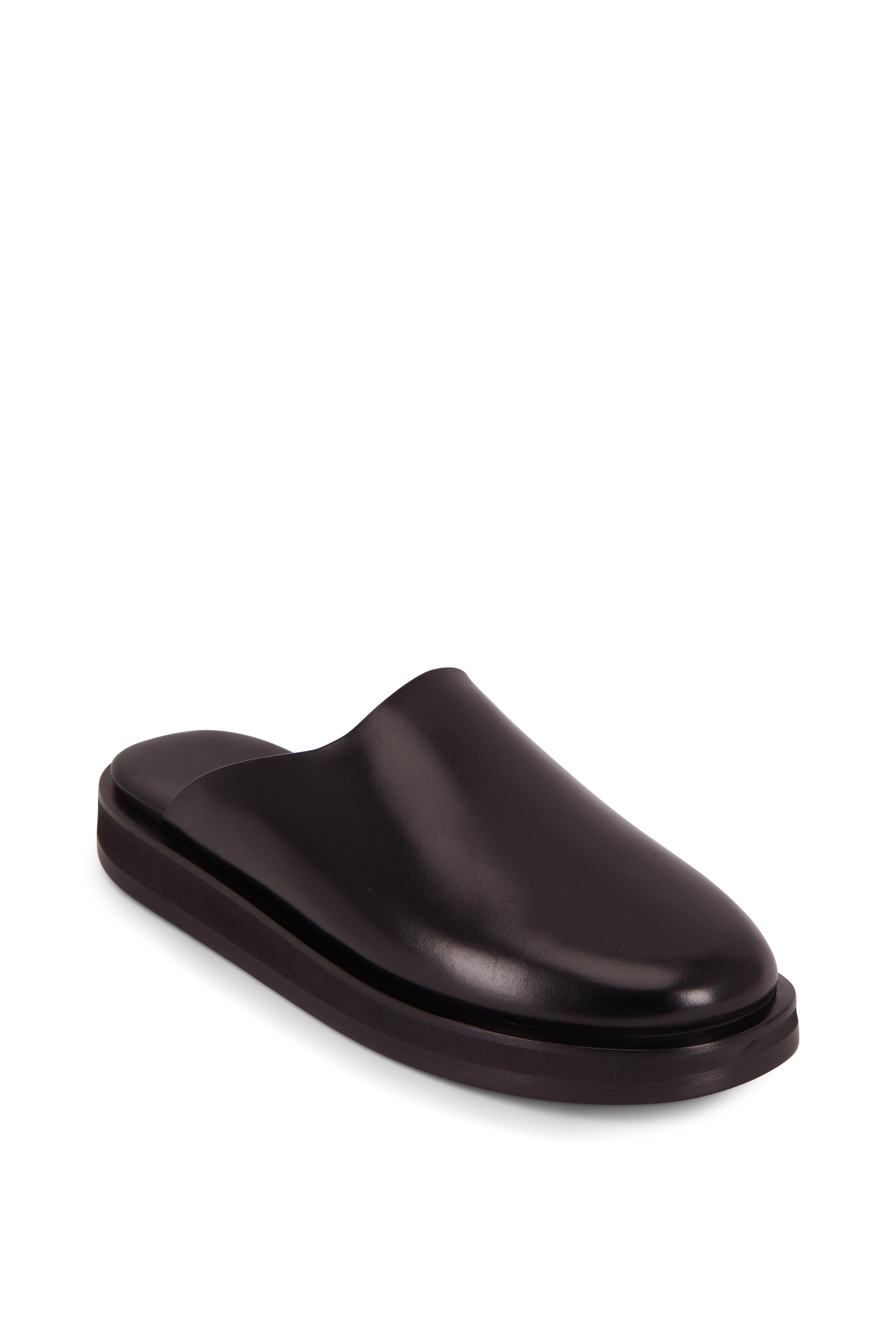 black leather slip on mules