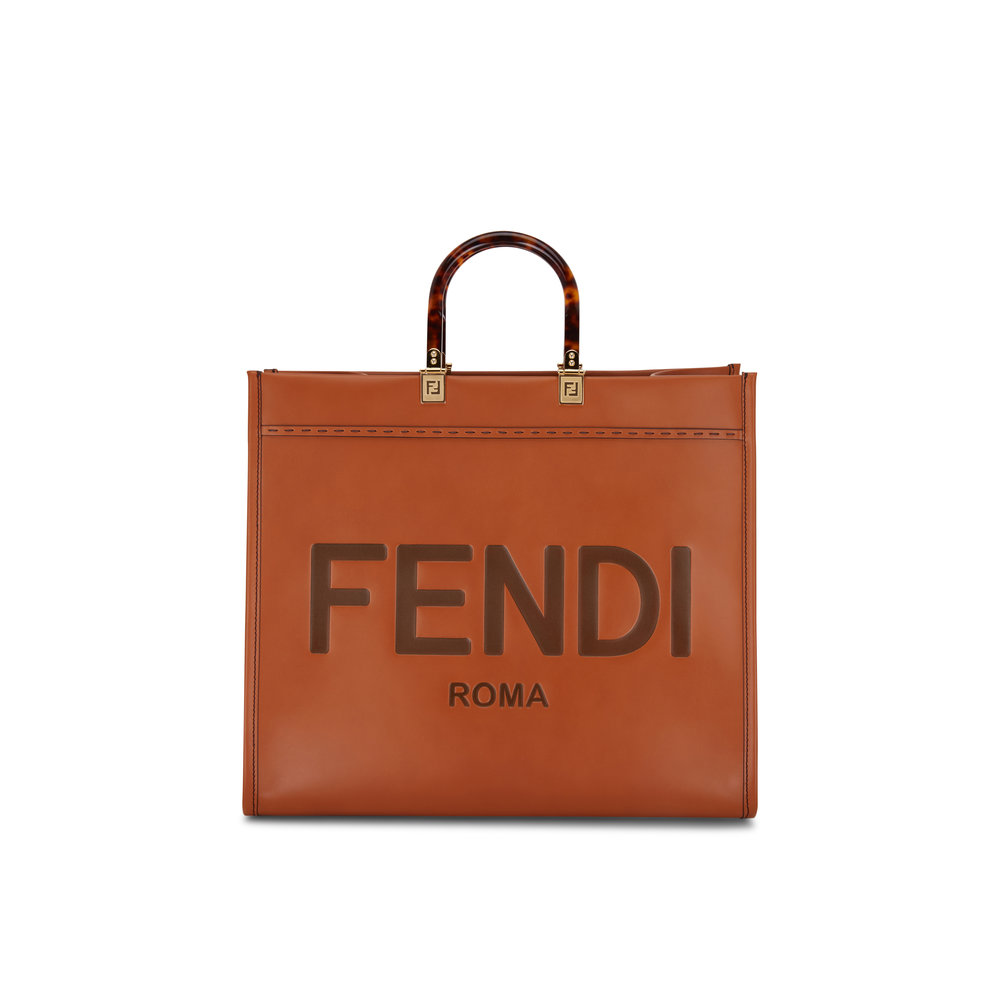 Fendi - Sunshine Cognac Leather Logo Shopper Tote | Mitchell Stores