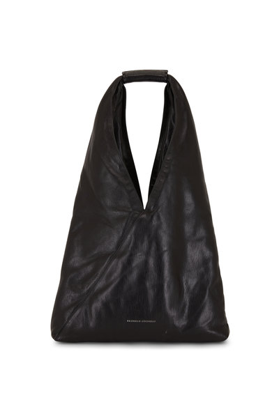 Brunello Cucinelli - Black Glossy Leather Monili Trim Hobo Bag ...