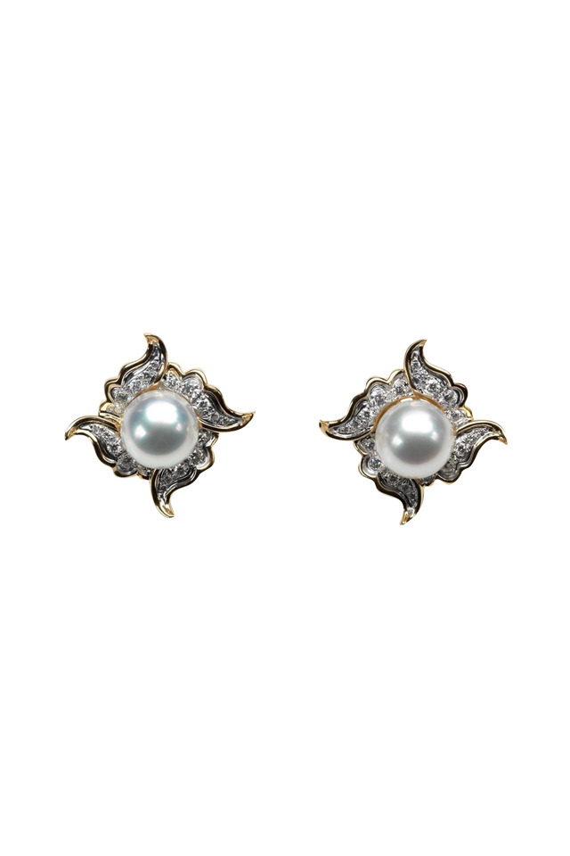 Angela Cummings Gold Pearl & Diamond Wave Earrings