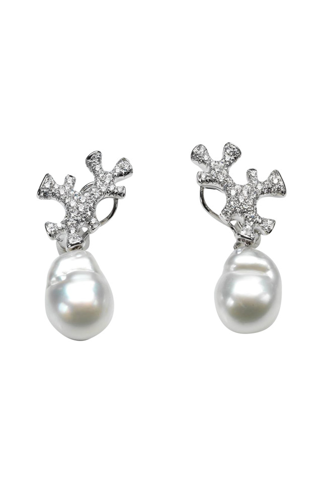 Platinum Pave Diamond Coral Branch Pearl Earrings
