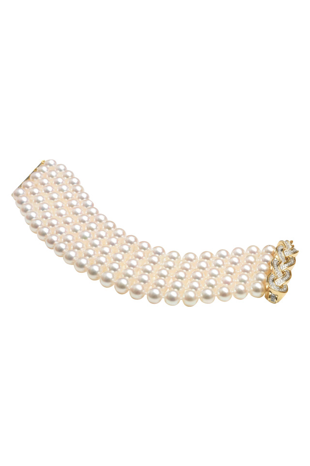 Pave Diamond Woven Wave Gold Pearl Bracelet