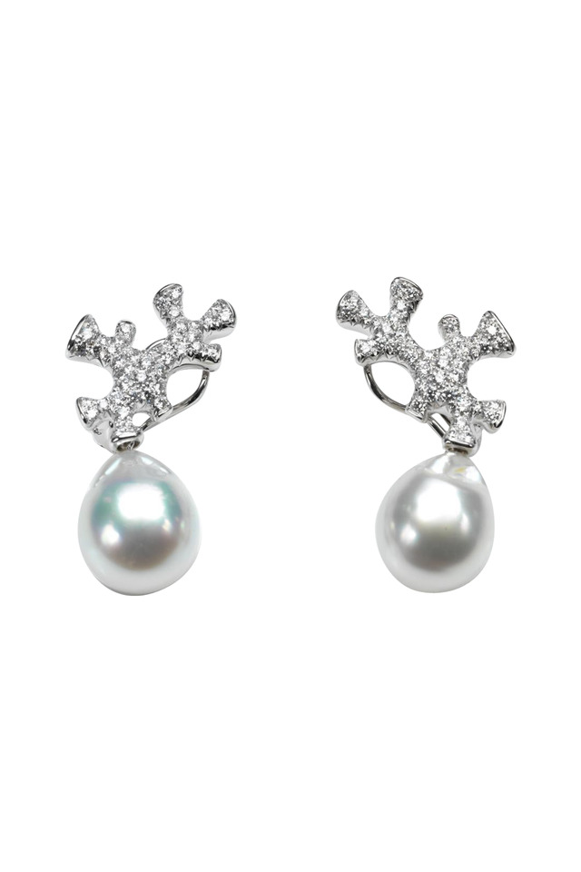 Platinum Coral Branch Pearl Diamond Earrings