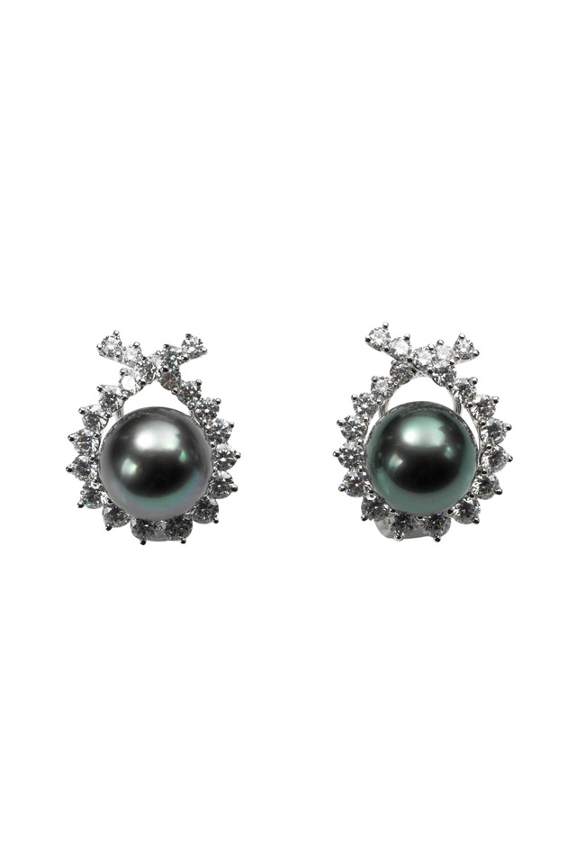 Gold Tahitian Pearl Diamond Criss Cross Earrings
