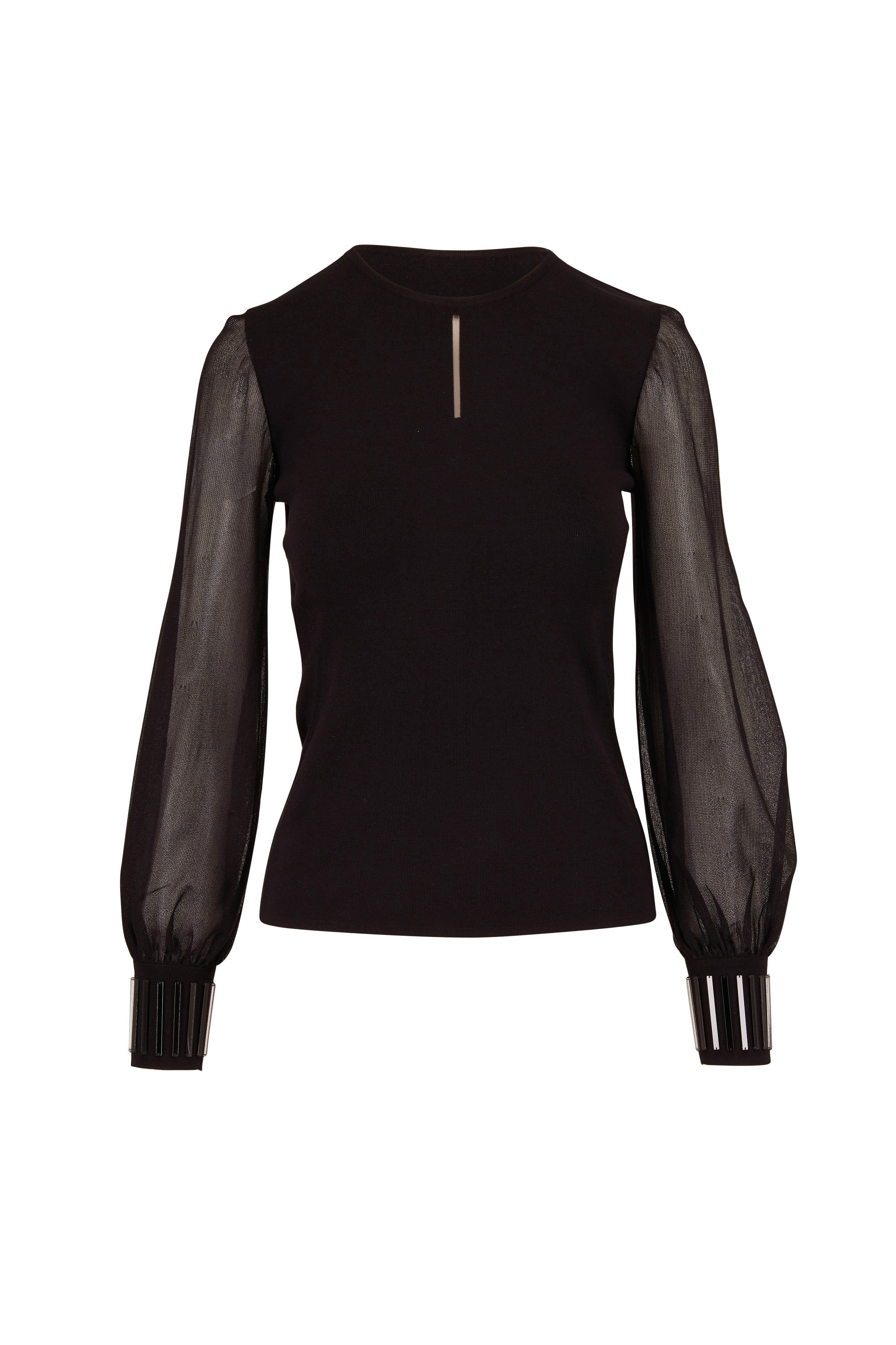 black sweater with sheer sleeves
