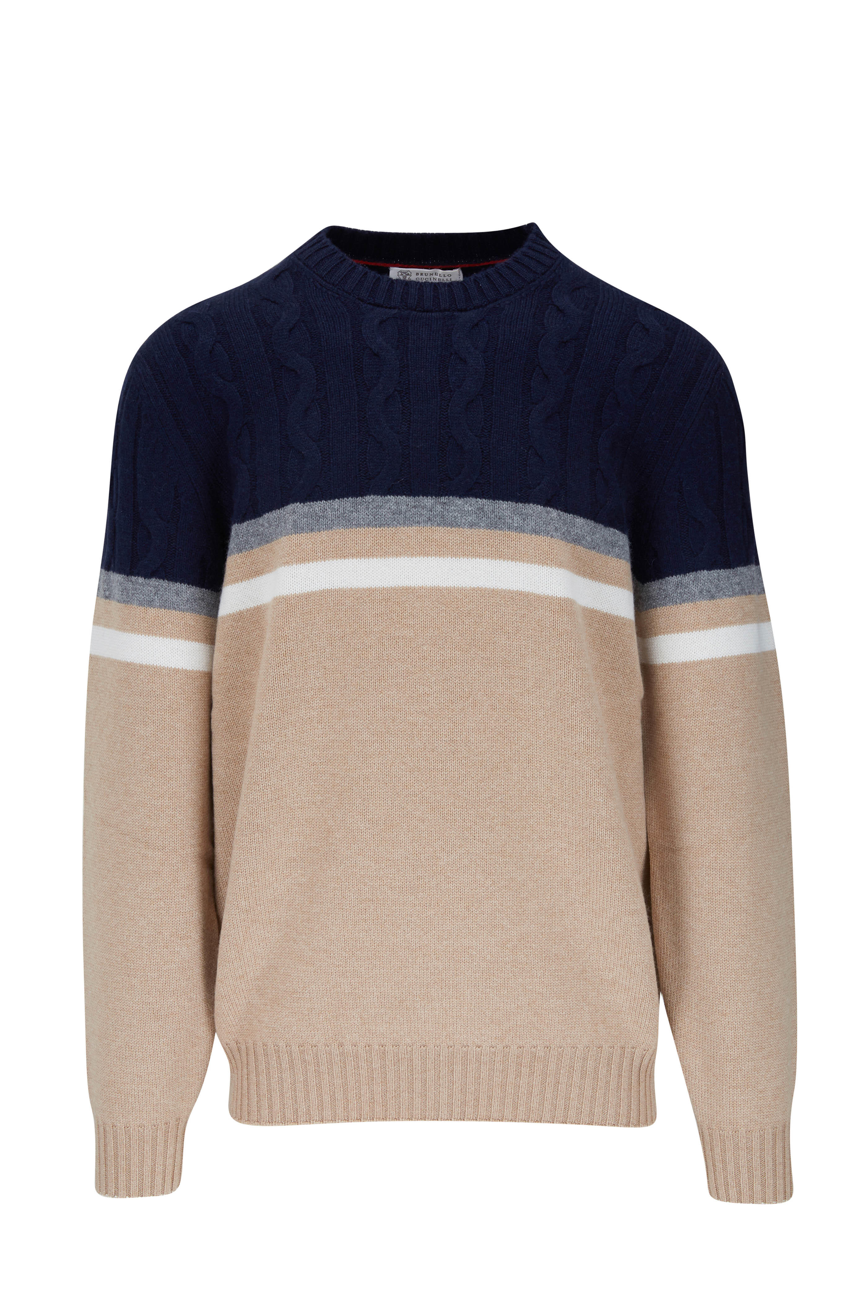 Brunello Cucinelli Camel Navy Stripe Crewneck Pullover Mitchell Stores