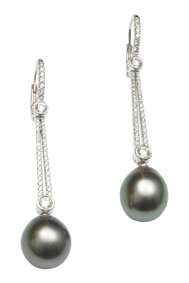White Gold Tahitian Pearl Diamond Drop Earrings