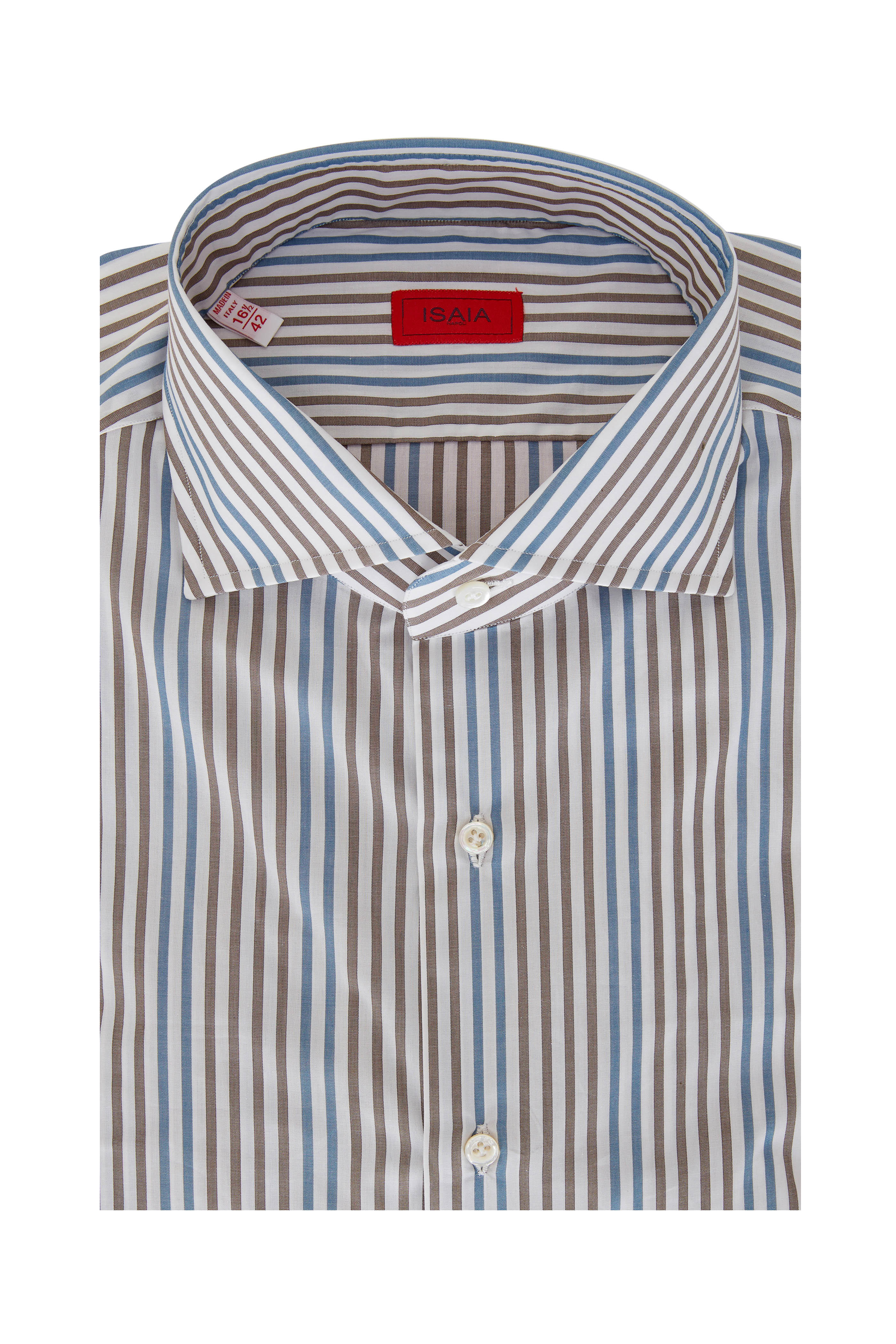 Eu 39 Isaia Modern 'Mix Fit' Sky Blue and Brown Stripe Cotton Dress Shirt 15.5