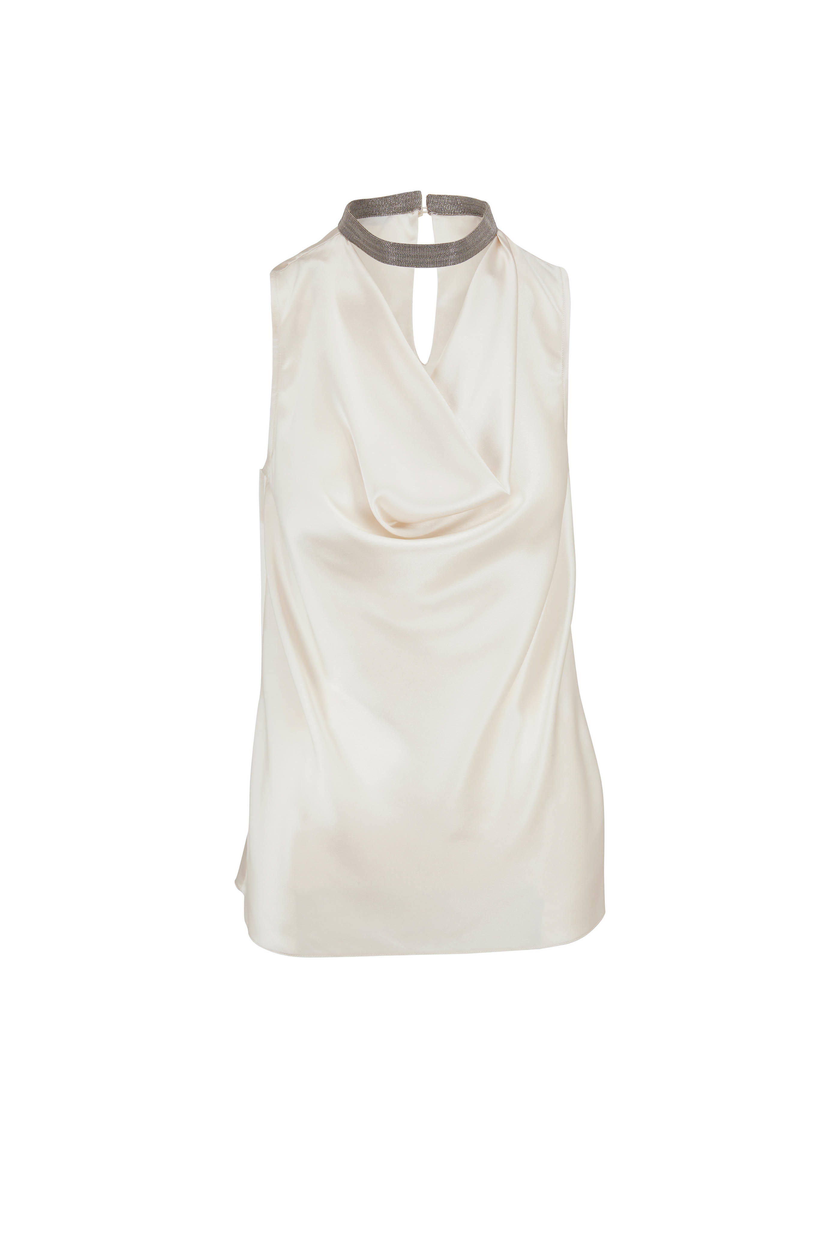 white satin sleeveless blouse