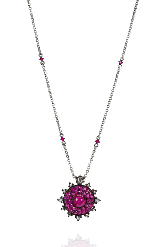 White Gold Red Ruby Diamond Bullseye Necklace