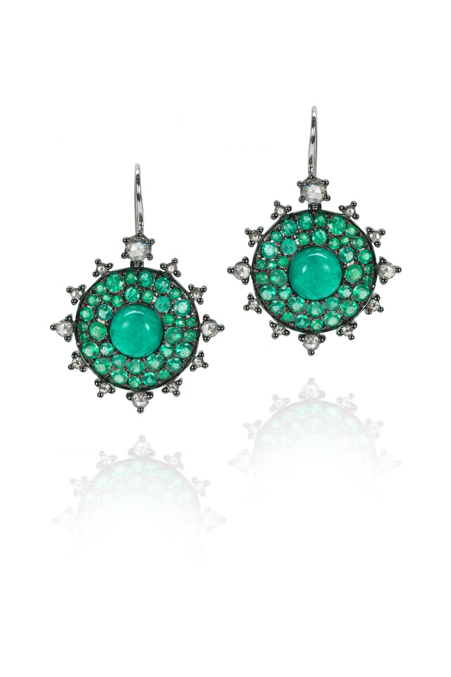 White Gold Emerald Bullseye Diamond Earrings