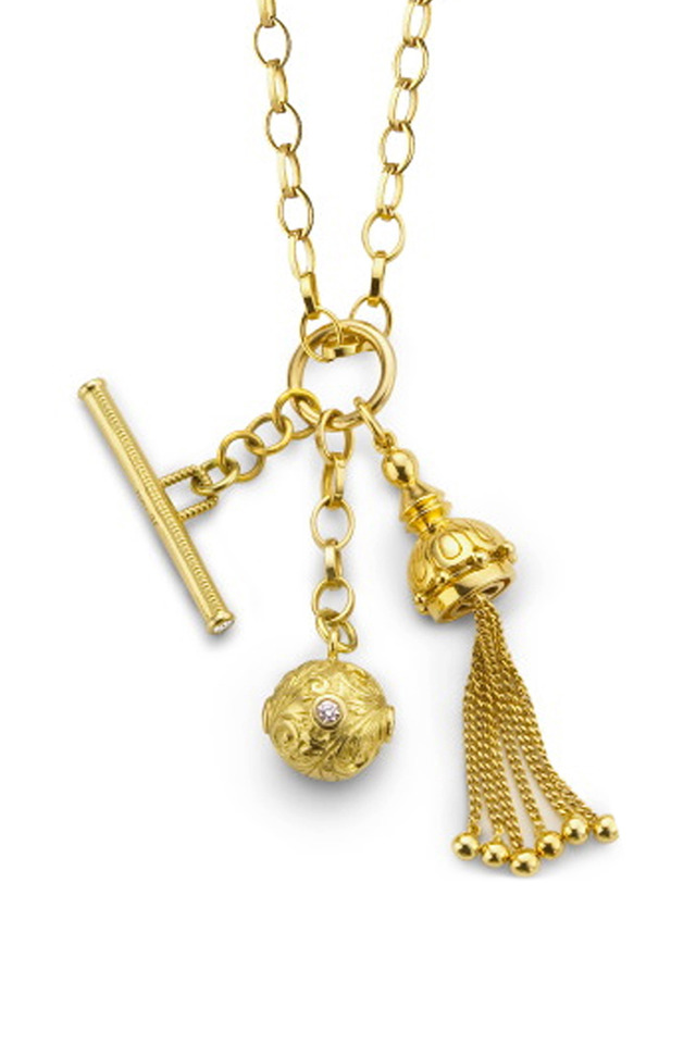 Yellow Gold Tassel, Toggle & Ball Charm Necklace