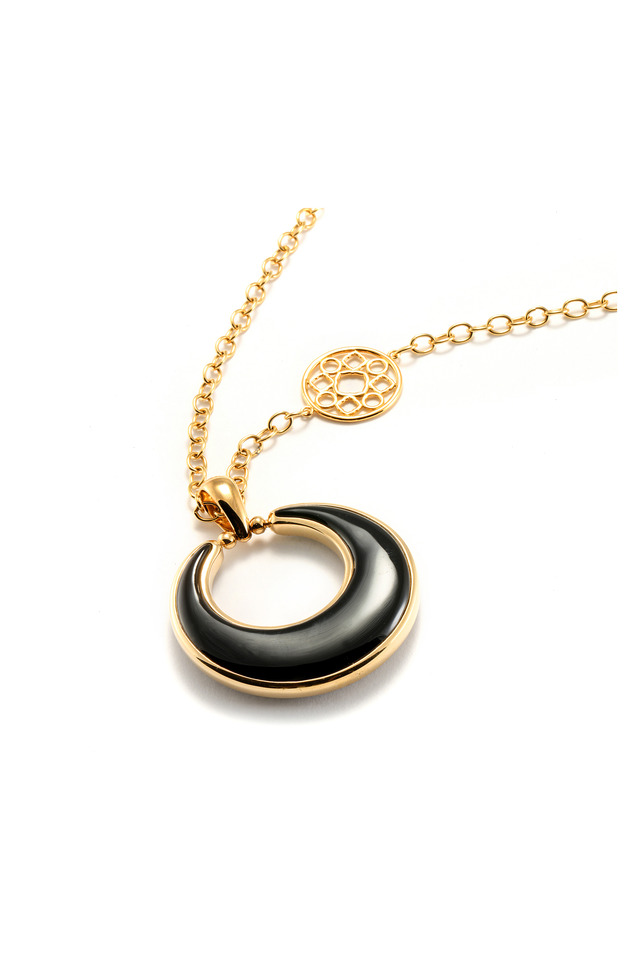 Yellow Gold Black Onyx Luna Pendant Chain Necklace