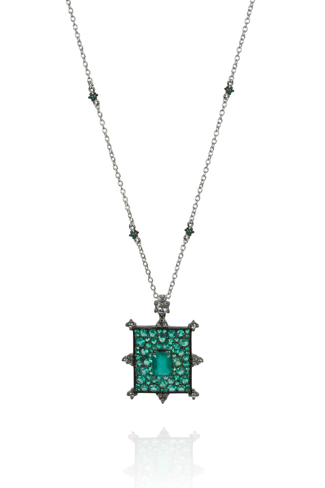 Rectangular Emerald Bullseye Diamond Necklace