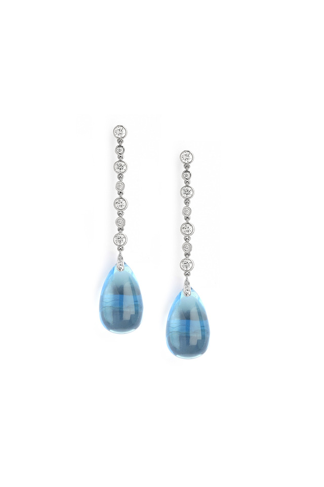 White Gold Diamond And Blue Topaz Dangle Earrings