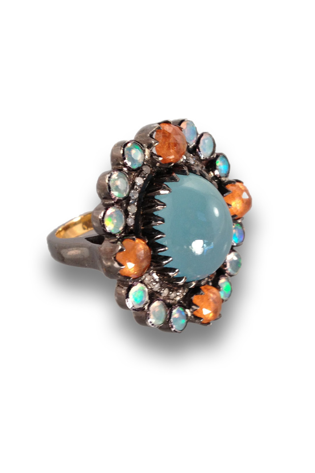 Gold And Silver Multi Stone Aquamarine Center Ring