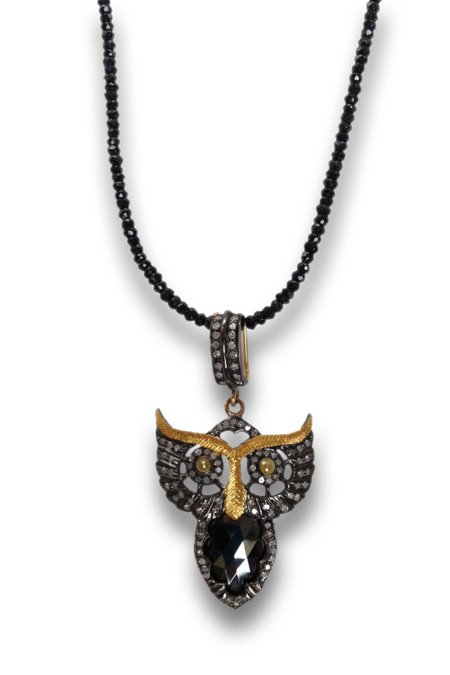 Gold & Silver Black Spinel Owl Necklace