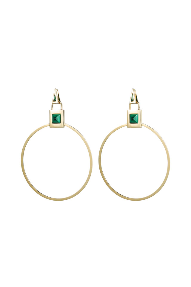 Brass Gold Plate Malachite Gemstone Padlock Hoops