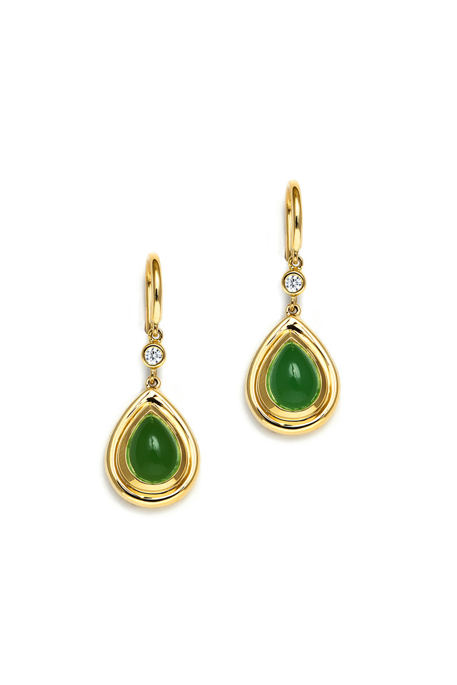 Green Chalcedony Teardrop Gold Diamond Earrings