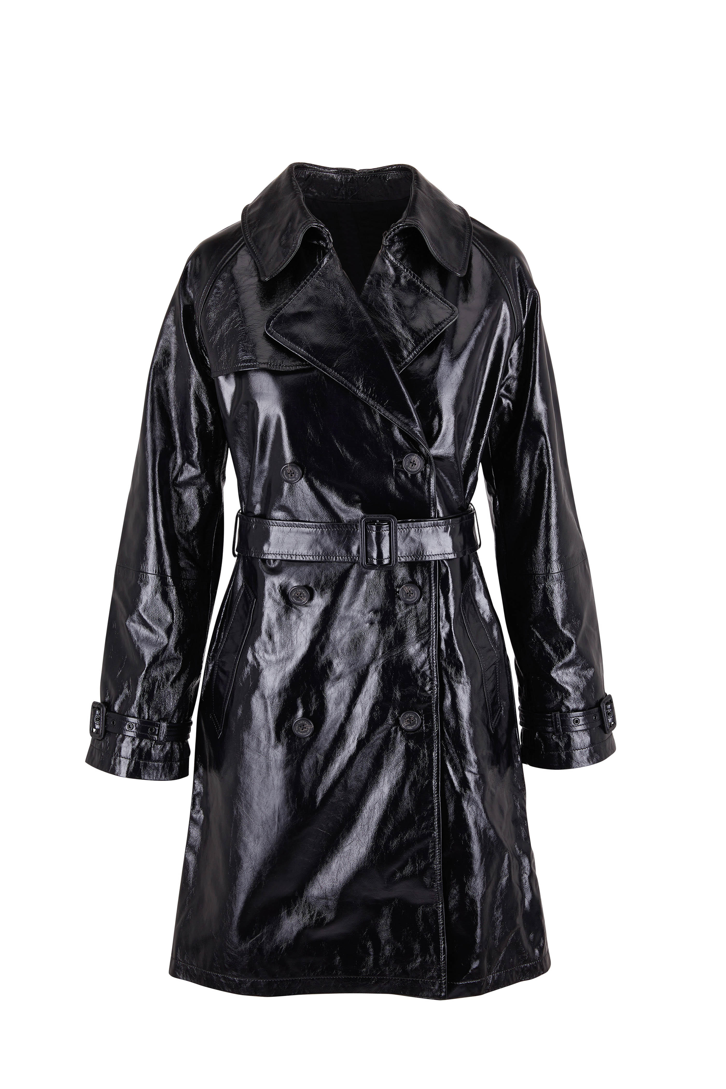 black patent leather trench coat