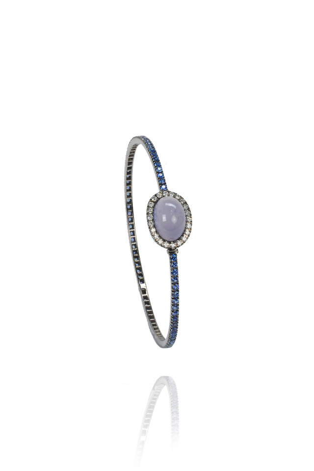 Gold Chalcedony & Sapphire Hinged Stack Bangle