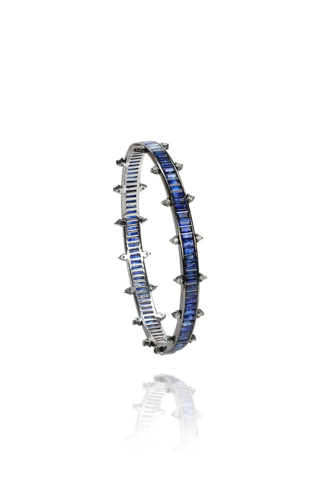 White Gold Blue Sapphire Diamond Bangle