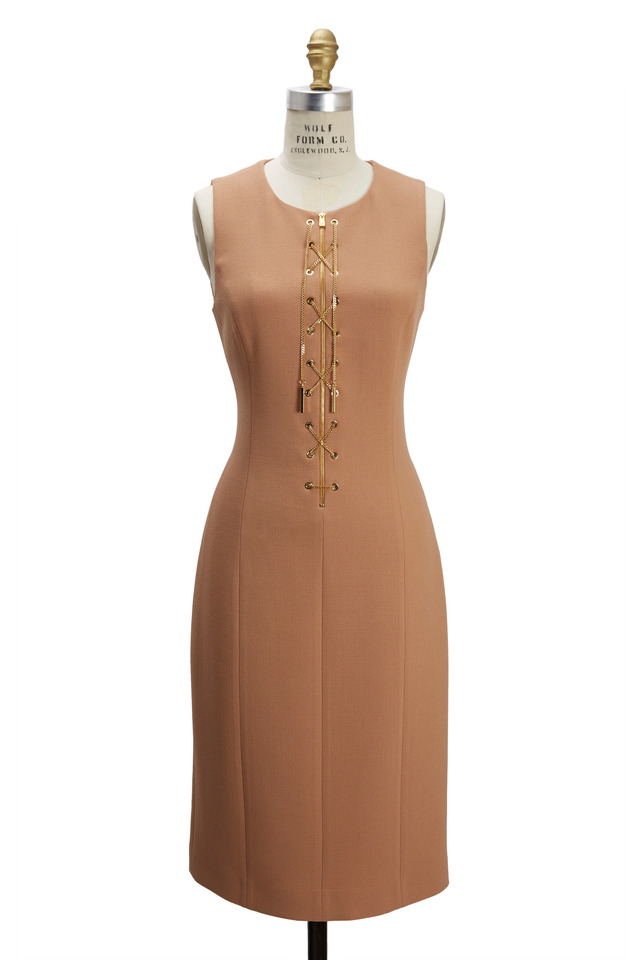 Tan Sleeveless Bouclé Crepe Sheath Dress