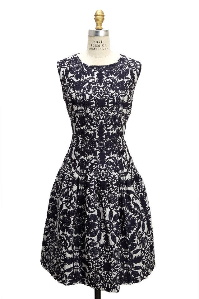 Navy Blue And White Jaquard Sleeveless Dress