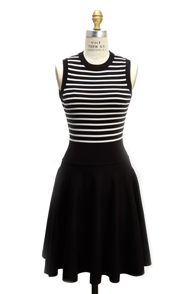Black White Striped Flare Merino Wool Dress