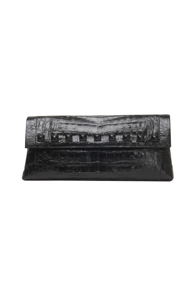 Studded Black Crocodile Flap Clutch