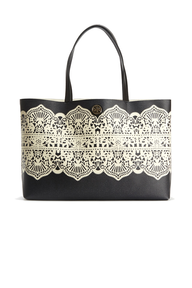 Black Coat Canvas White Lace Print Tote