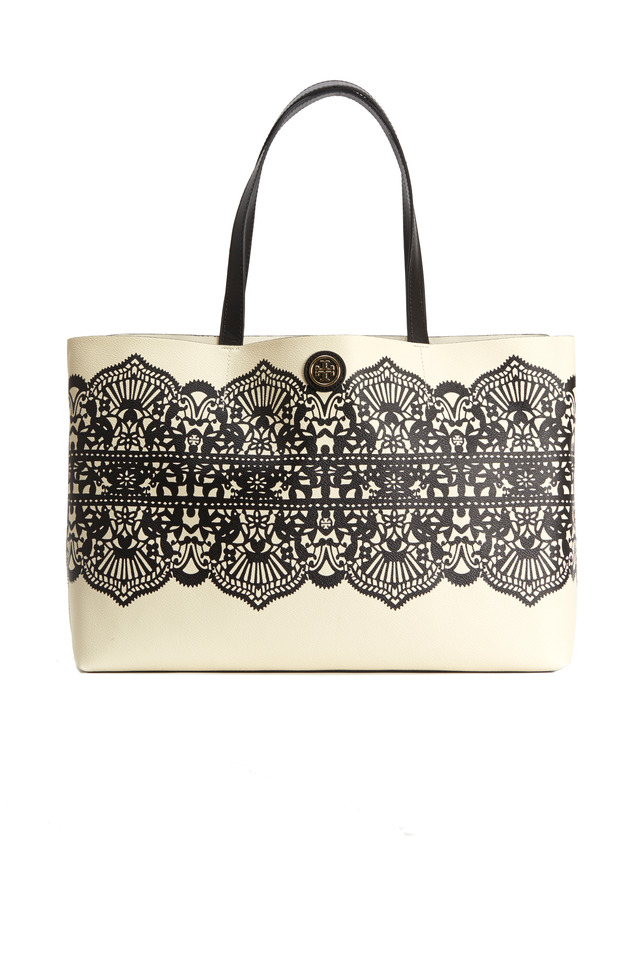 White Coat Canvas Black Lace Print Tote