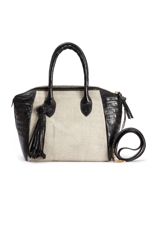 Black Crocodile & Linen Satchel