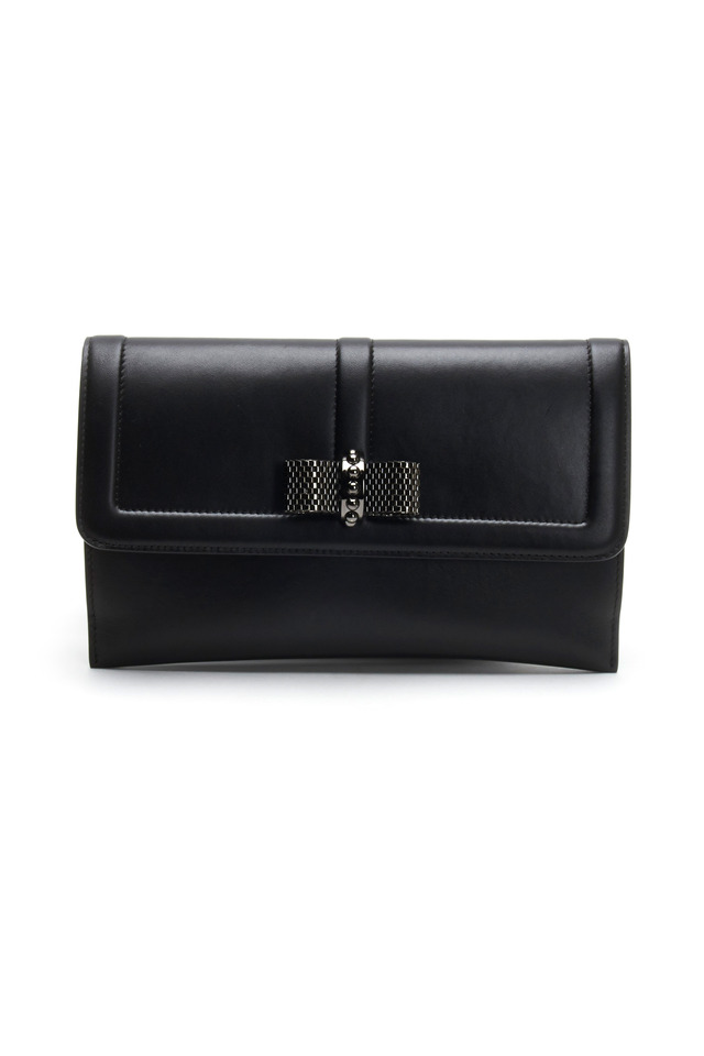Black Leather Flap Pouchette With Bow