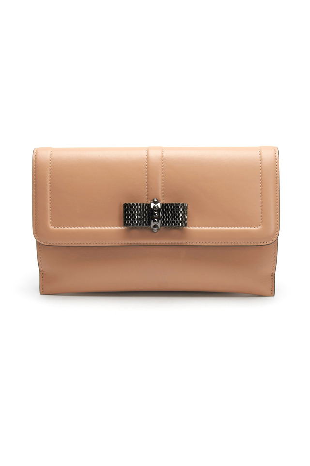 Nude Leather Flap Pouchette With Bow