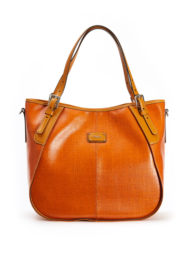 Orange Coated Linen Leather Trim Handbag