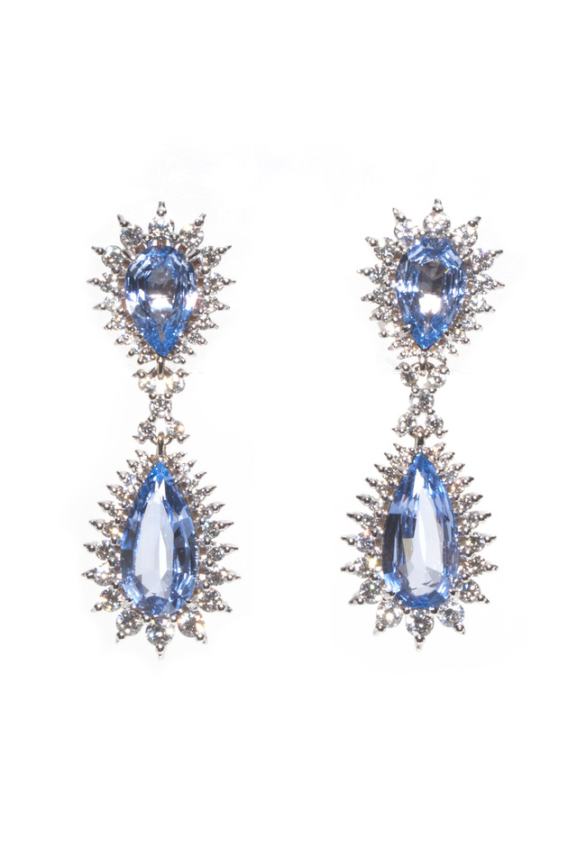 White Gold Blue Pearshape Spinel Drop Earrings