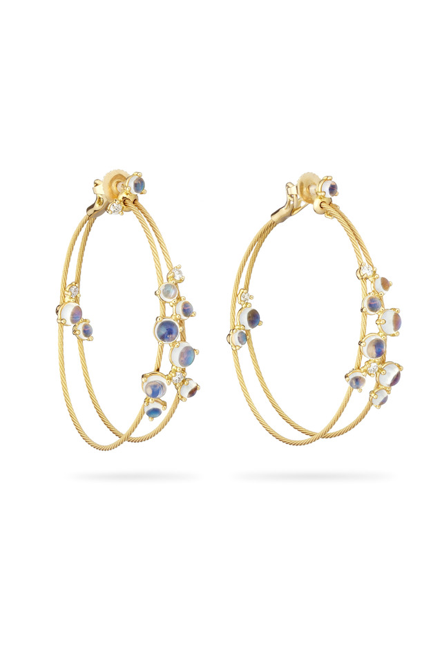 Gold Double Wire Bubble Moonstone Hoop Earrings