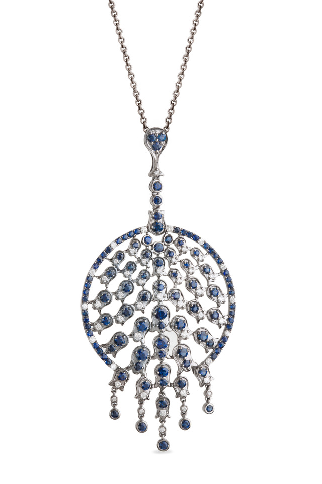 White Gold Blue Sapphire Peacock Pendant