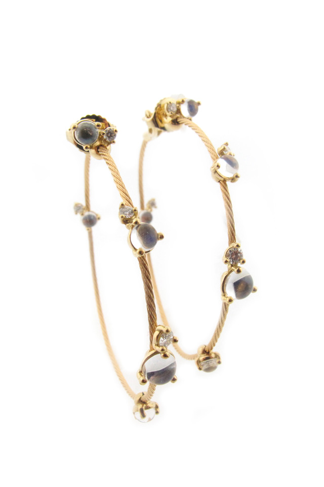18K Yellow Gold Moonstone & Diamond Wire Hoops