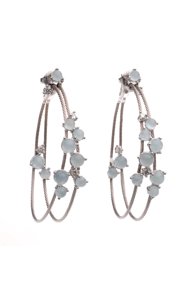White Gold Aqua Double Wire Hoop Earrings