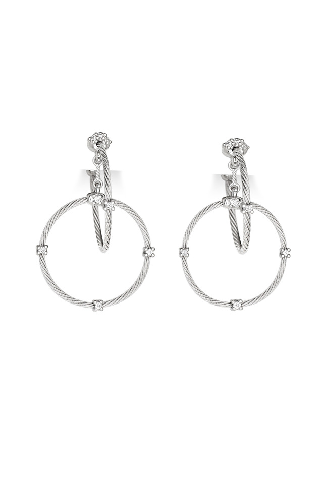 18K White Gold Diamond Double Wire Hoops