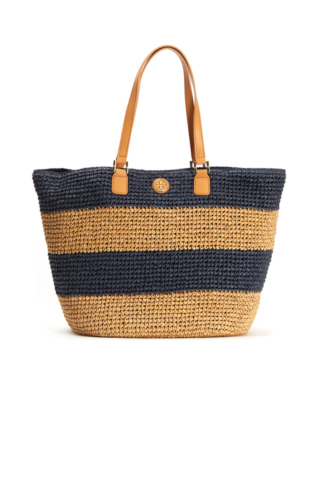 Navy Blue Raffia Striped Tote