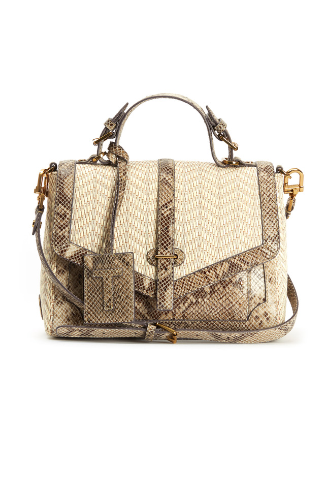 Natural Raffia Snakeskin Print Flap Satchel