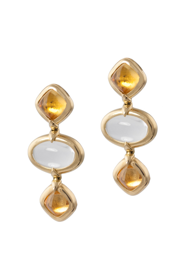 Gold Crystal Sugarloaf Citrine Three Drop Earrings