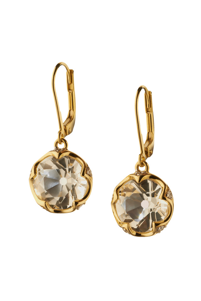 Yellow Gold Rock Crystal Diamond Dangle Earrings