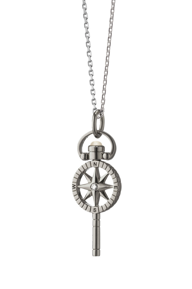 Silver Compass Pocketwatch Key Charm Necklace